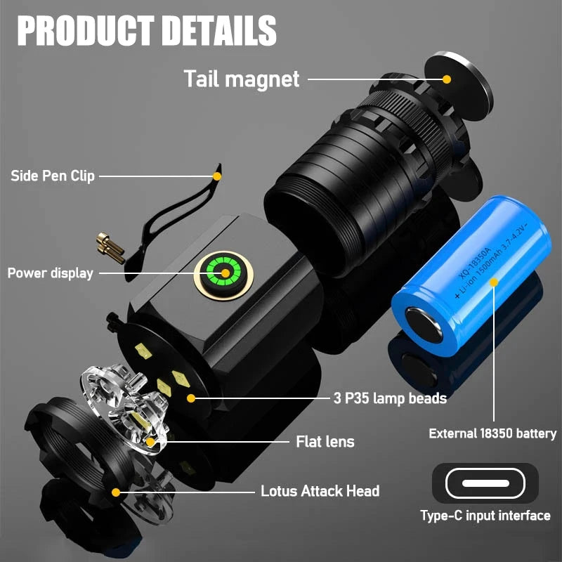 lampe torche noire led 15w rechargeable type ip68 anti choc emergency