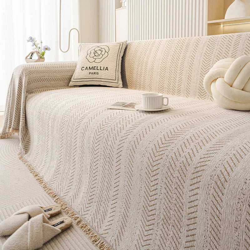 housse canapé moderne couverture chenille motif géométrique beige noir fixations machine polyester salon