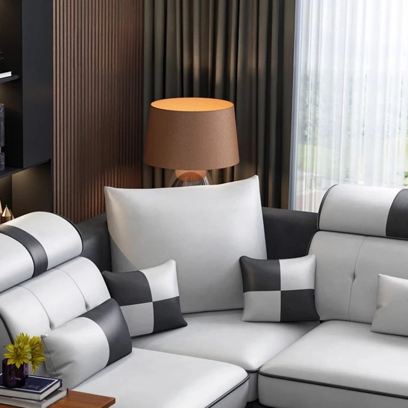 canapé d'angle moderne tissu composite bleu blanc gris noir motifs géométriques bluetooth