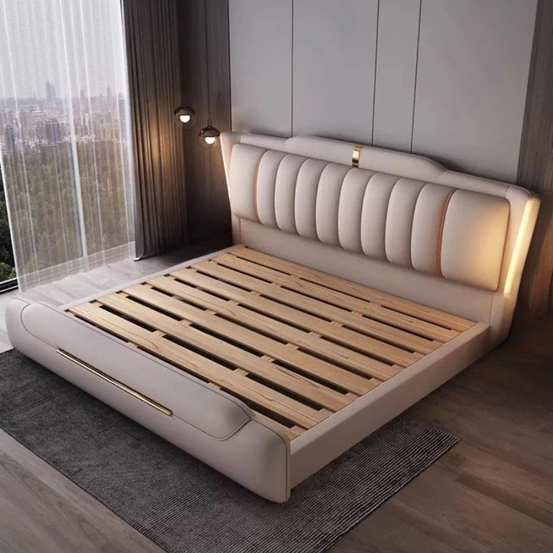 lit double simili cuir moderne beige gris pieds dorés tiroirs intégrés structure bois