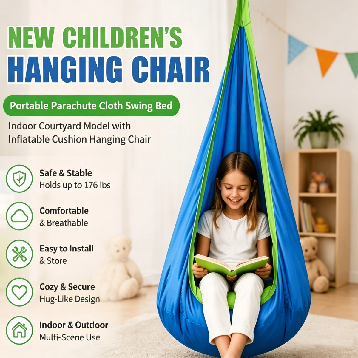chaise suspendue enfant bleu vert moderne coussin d'air sécurité durable extérieurintérieur