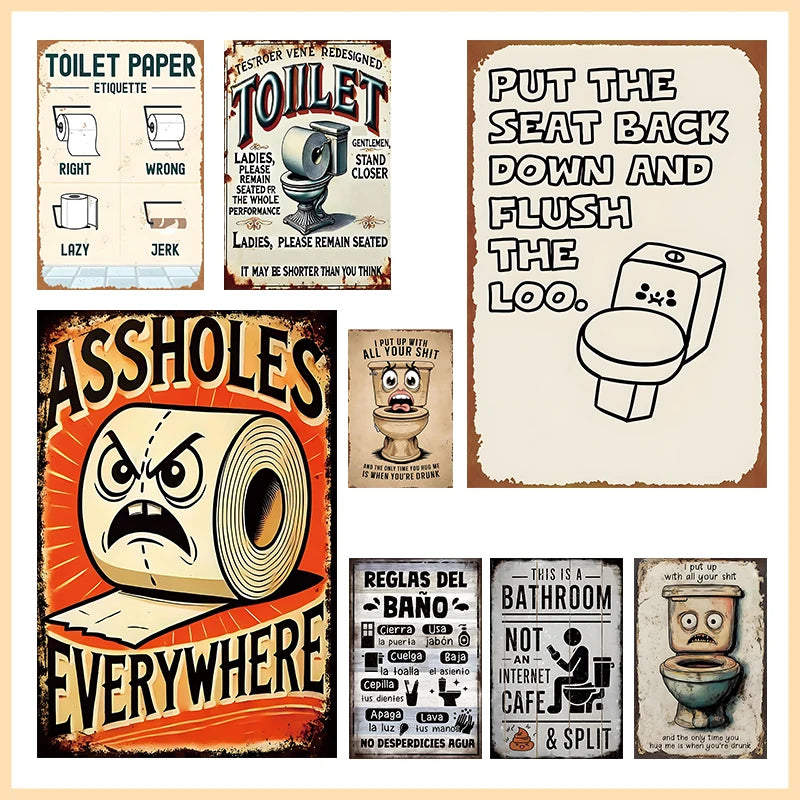 plaque métal humour toilette vintage décoration murale beige gris noir illustration