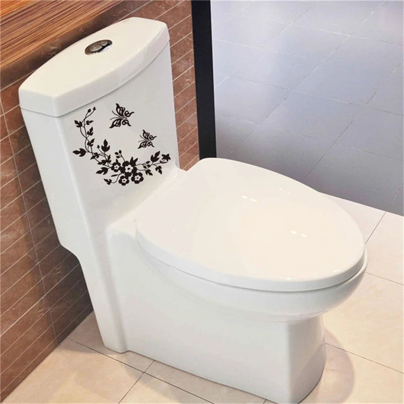 décoration murale sticker noir blanc fleurs papillons floral adhésif toilettes mur réfrigérateur
