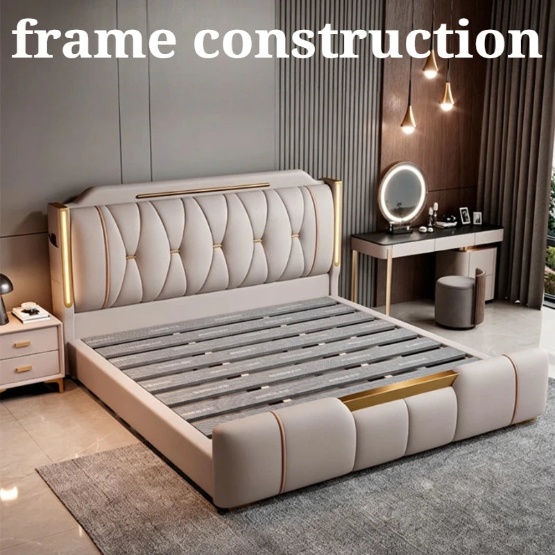 lit double luxe beige doré tête lit capitonnée rangement chambre moderne contemporain