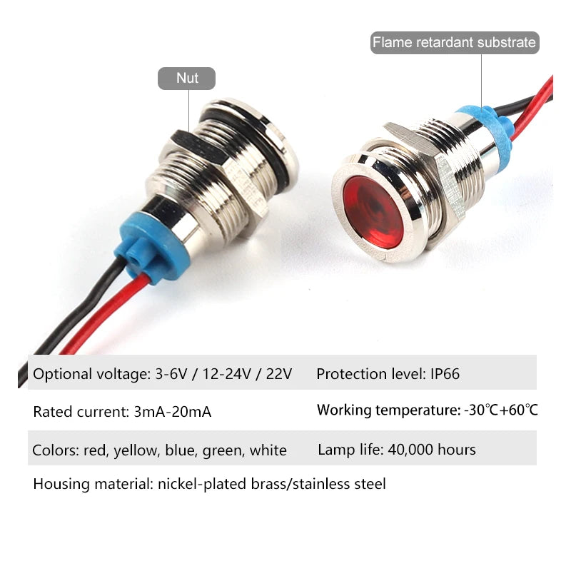 indicateur métallique voyant lumineux 19mm rouge bleu jaune vert blanc vis moderne câbles