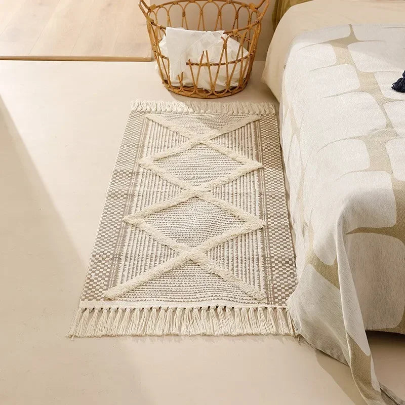 tapis boho chic motifs géométriques beige noir sol antidérapant salon chambre coucher