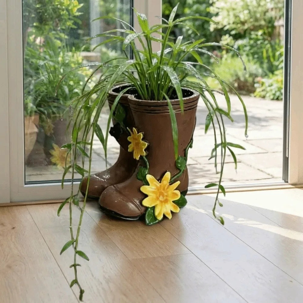 vase forme botte marron imitation cuir rustique arrangement fleuri décoration jardinextérieur