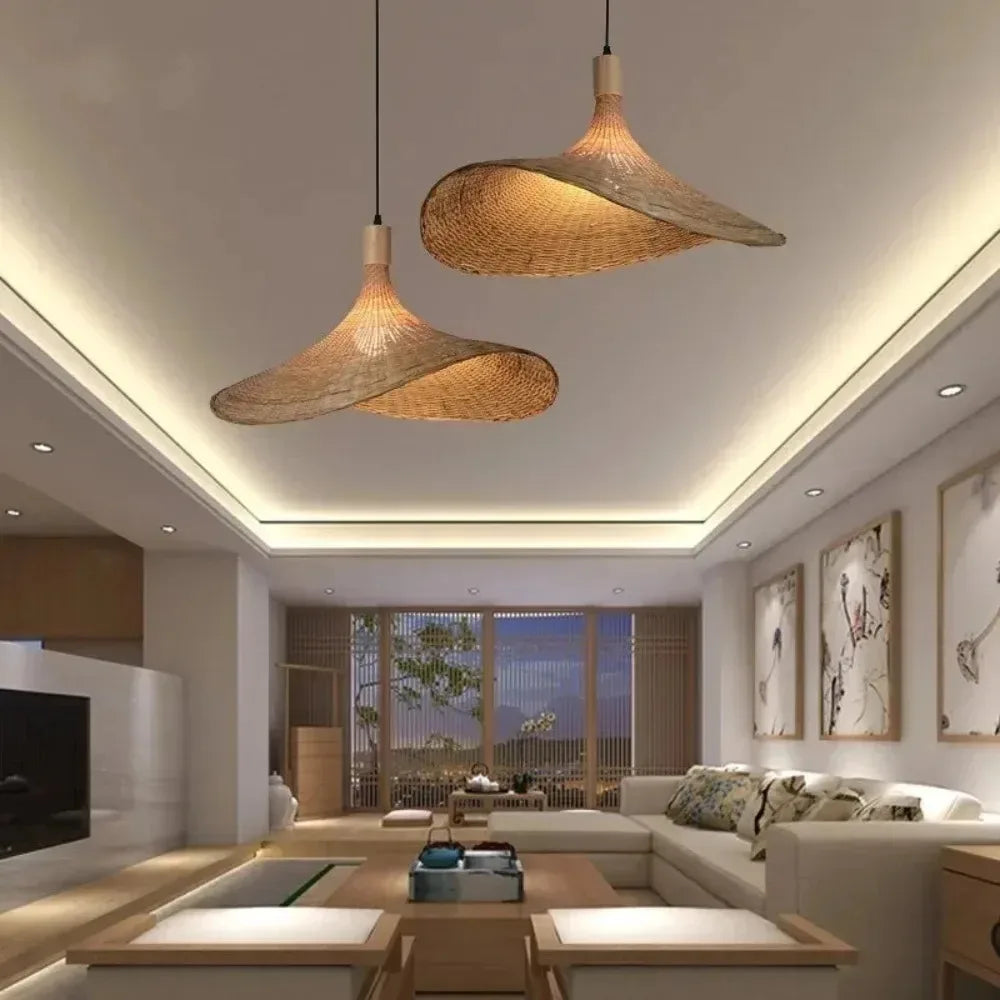 lampe suspendue moderne rustique tissée bambou naturel salon décoration lumière chaîne métallique