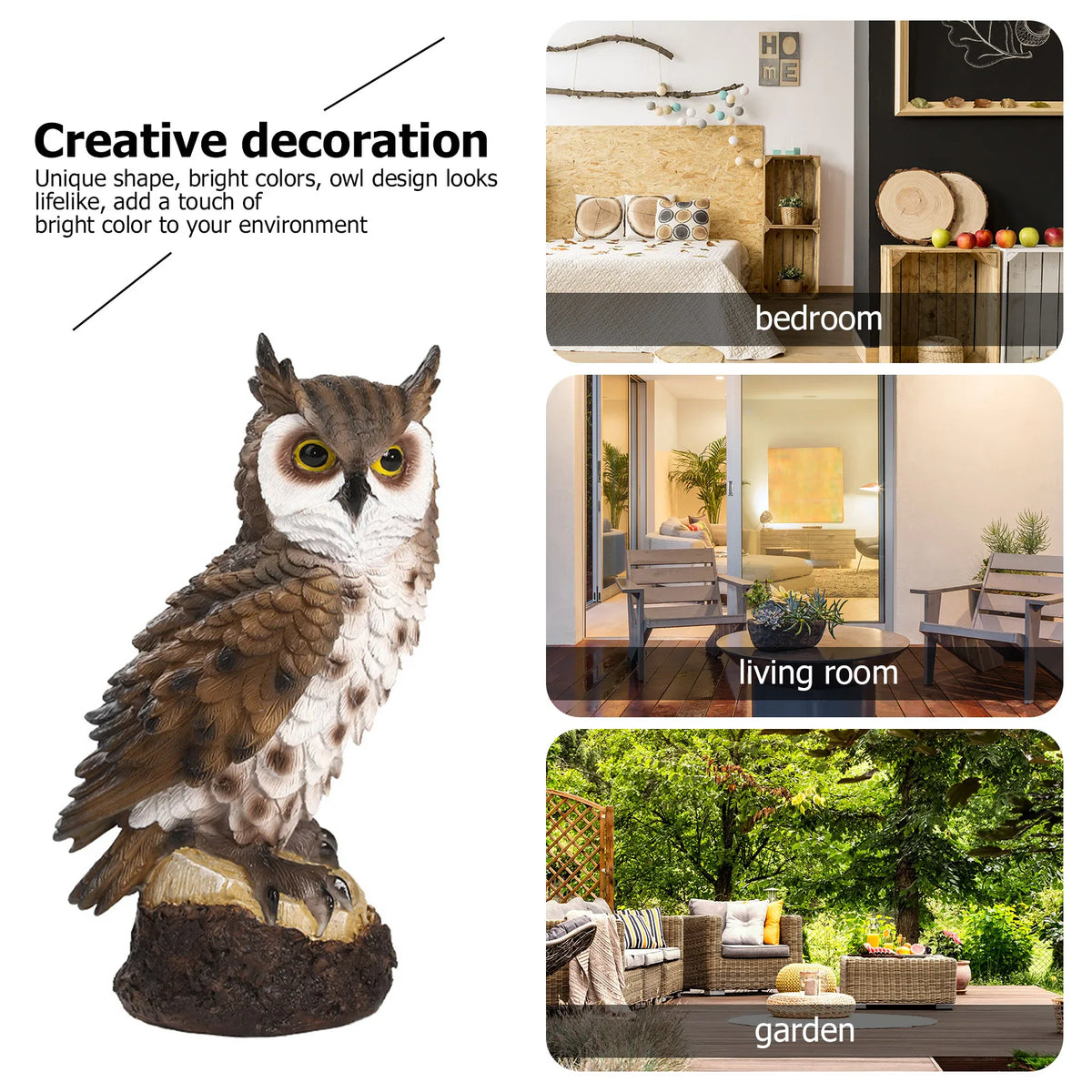 statuette chouette résine marron plumes détaillées tronc arbre intérieur extérieur décoration jardin chambre salon