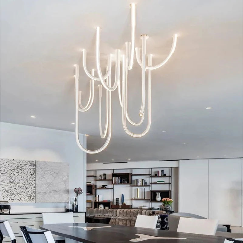 lustre moderne blanc doré courbes élancées contemporain sans plaque télécommande lumière led