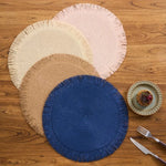 tapis table rustique boho chic spirale tissu franges beige rose bleu marine