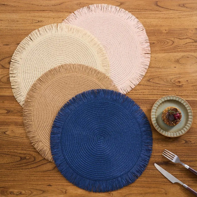 tapis table rustique boho chic spirale tissu franges beige rose bleu marine