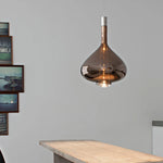lampe suspendue moderne rose transparent fumé gris goutte forme allongée industriel fil apparent métal
