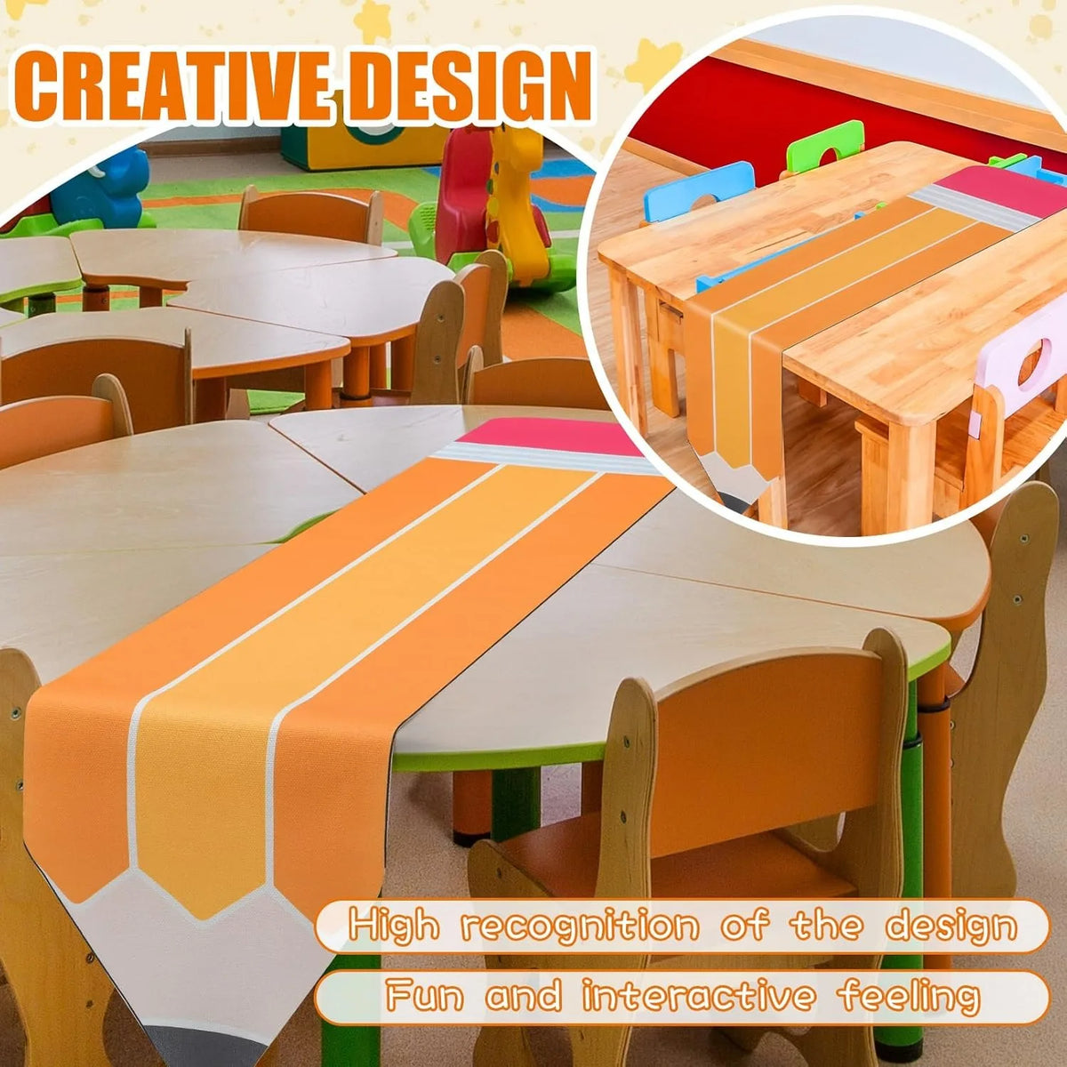nappe chemin table motif crayon orange jaune rose rentrée scolaire décoration enfant anniversaire festive