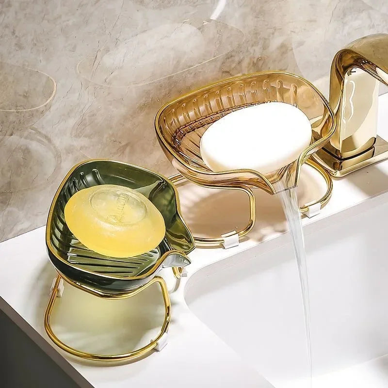 support savon moderne élégant vert doré rayures verticales clips salle bains organisateur éponge