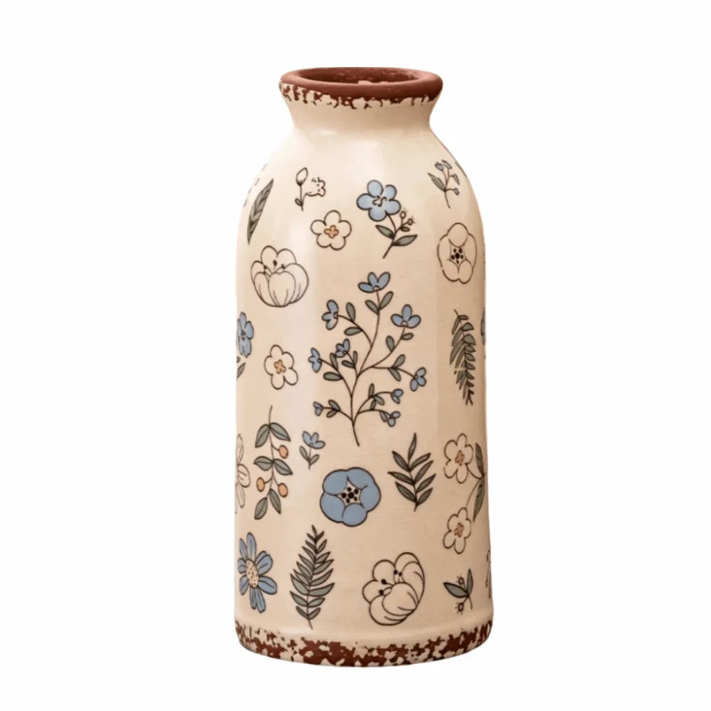 vase vintage floral poterie opaque couleur beige vert rose brun