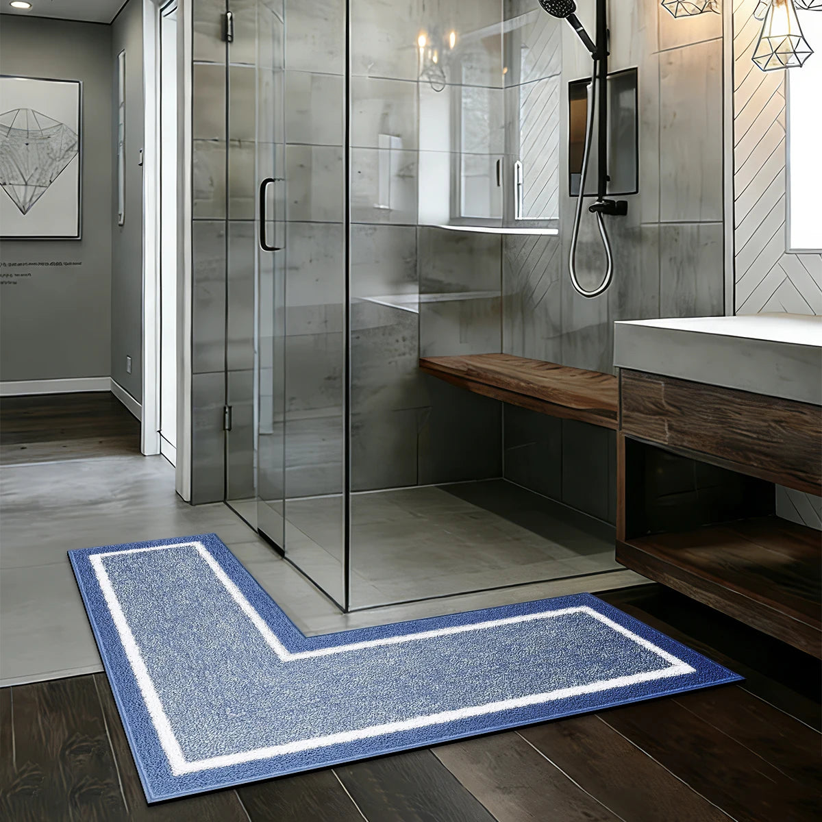tapis bain antidérapant bleu blanc moderne rayures texture granuleuse zigzag opaque minimaliste