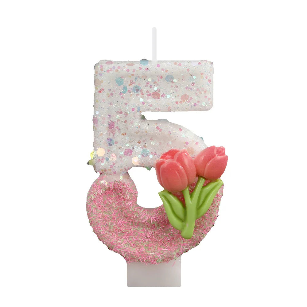 bougies forme chiffres blanc rose vert paillettes fleurs roses feuilles vertes festive tringle boîte