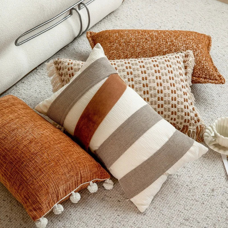 housse coussin polyester géométrique marron beige blanc moderne 30x50cm decoration intérieure