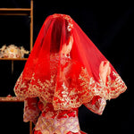 voile mariage rouge broderie dorée ornements floraux classique traditionnel opacité 100x100cm