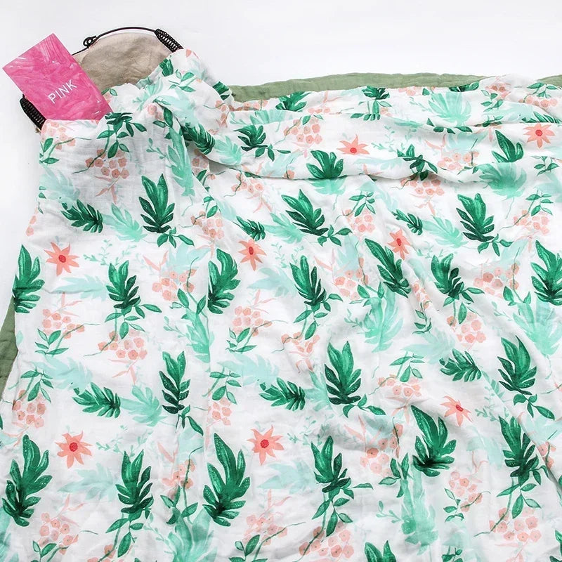 couverture bébé deux couches coton bambou motif floral moderne opacité verte blanc roseclair