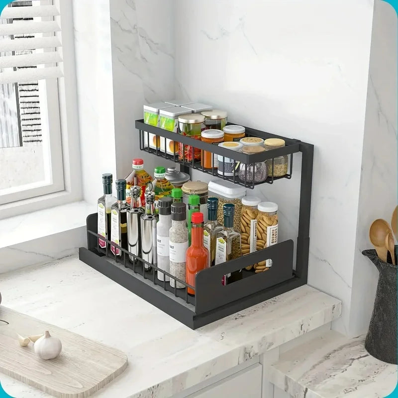 étagère rangement noir grille métallique moderne adhésive deux niveaux paniers latéraux cuisine salle bain