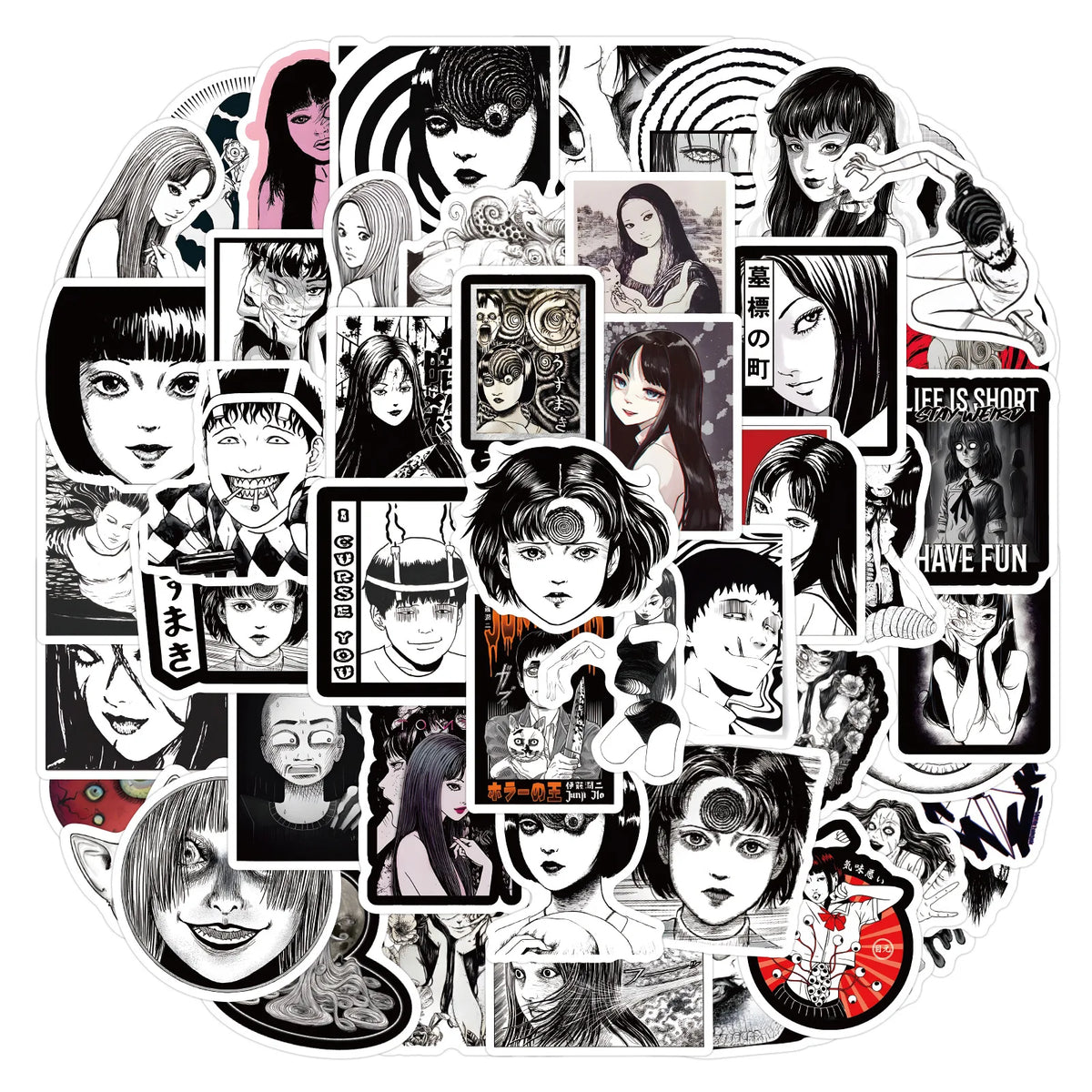 stickers adhésifs étanches gothiques manga abstraits visages grimaçants tomie kawakami junji ito