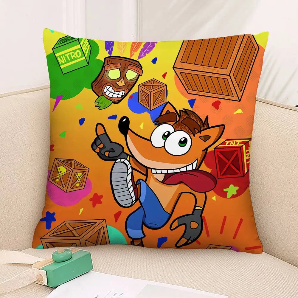coussin décoratif carré crash bandicoot microfibre peluche cartoon orange bleu chambre salon enfant