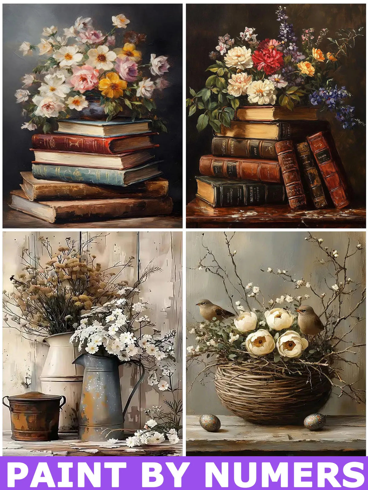 tableau peindre numeros fleurs livres vase oiseaux guide peinture pinceaux adultes débutants toile unipiece