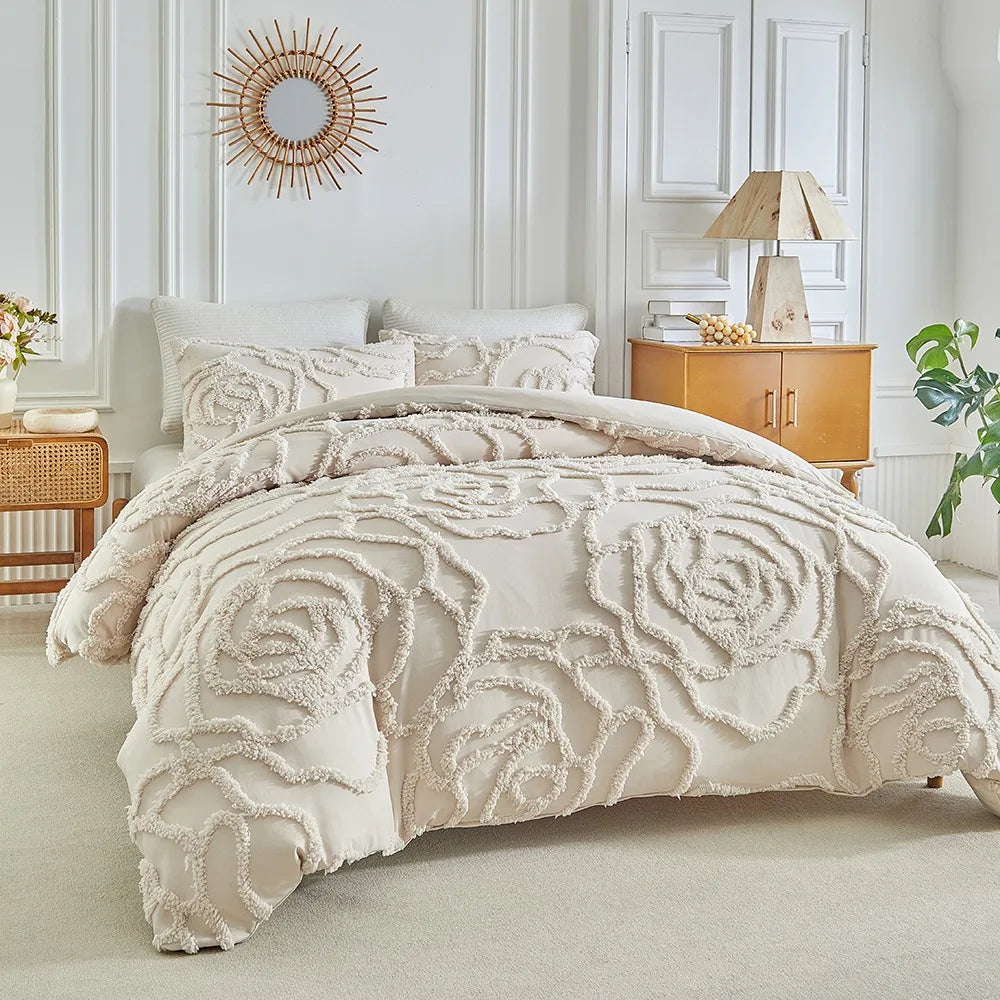 housse couette taies d'oreiller 3pc rose brodée franges classique lit king size polyester Jacquard