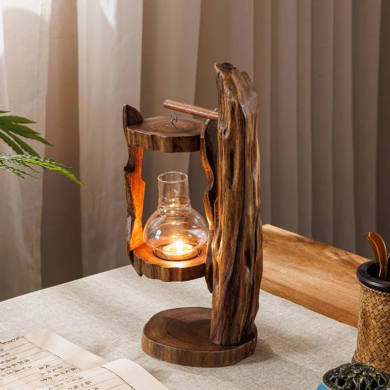 lampe poser bois marron verre transparent rustique artisanale hauteur 40cm base circulaire zen minimaliste