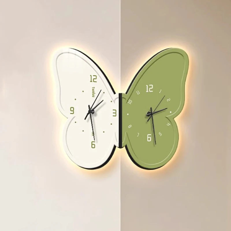 horloge murale moderne aiguille lumineuse papillon noir blanc salon résine