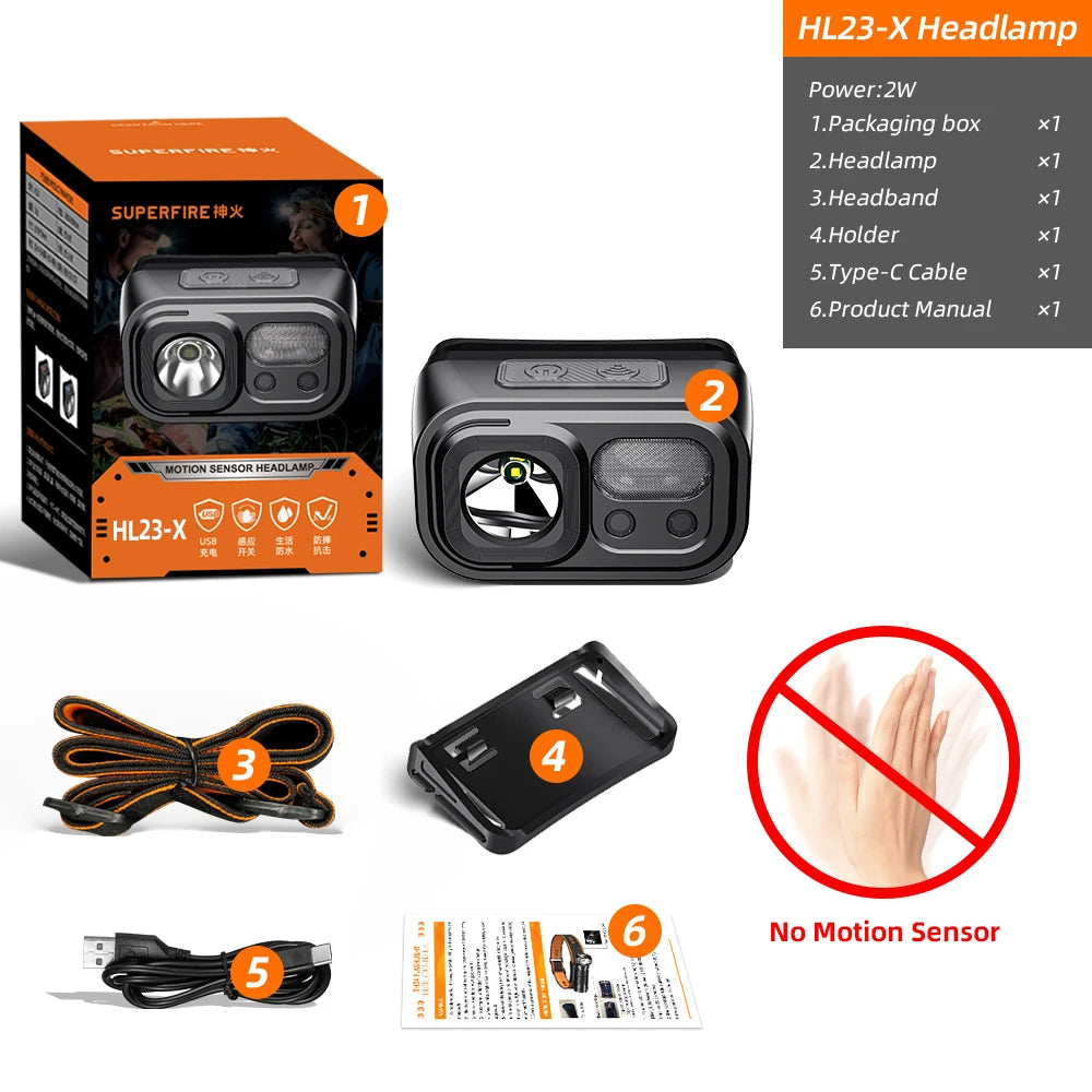 lampe frontale led noire orange rayures superfire ip44 modes sensor switch