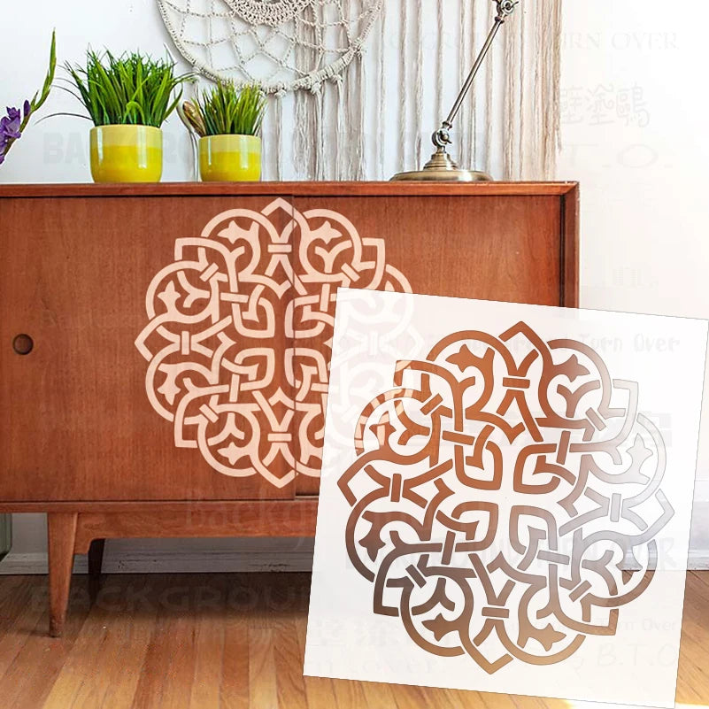 Stencil géométrique blanc brun artisanal décoration peinture murale adhésif 30cm 60cm 50cm
