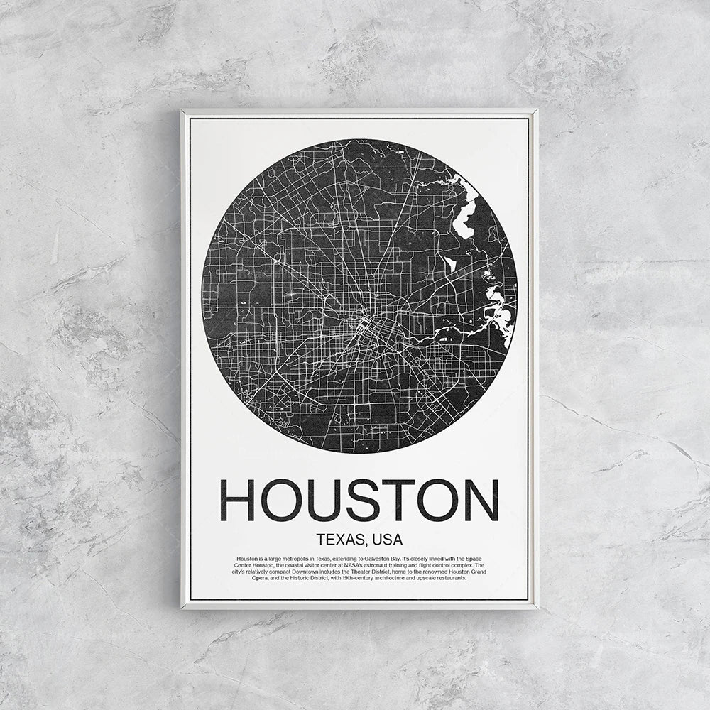 Affiche cartographique minimaliste de la ville de Houston, au Texas, États-Unis, sur un fond de texture de marbre gris.