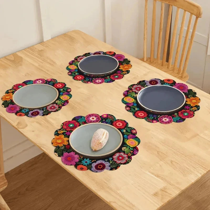 serviettes table noir multicolore floral traditionnel brodées 38x38cm opaques table manger