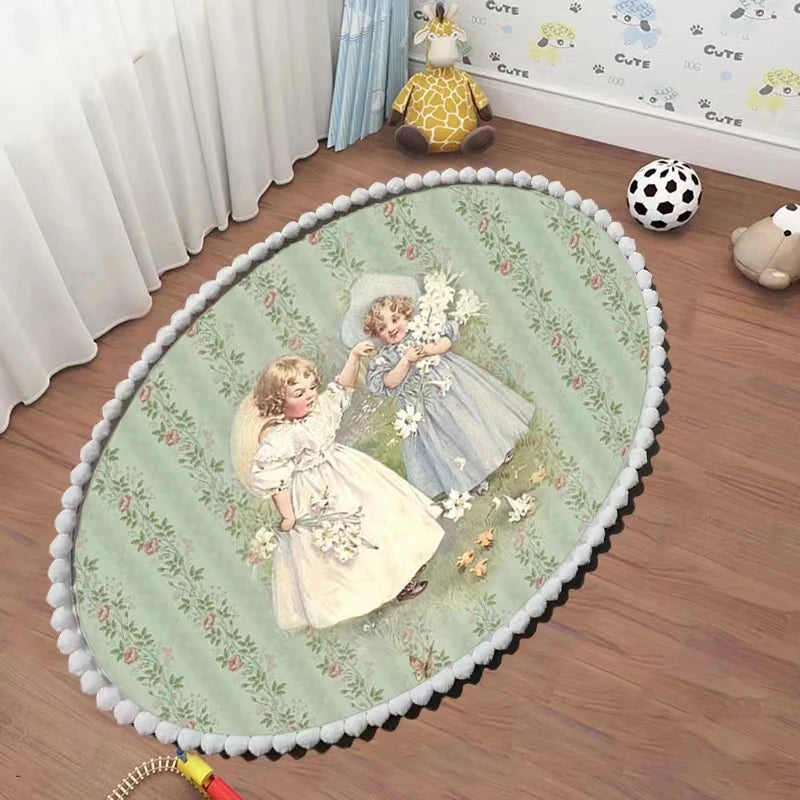 tapis rond fleurs roses enfants vintage blanc rose vertclair