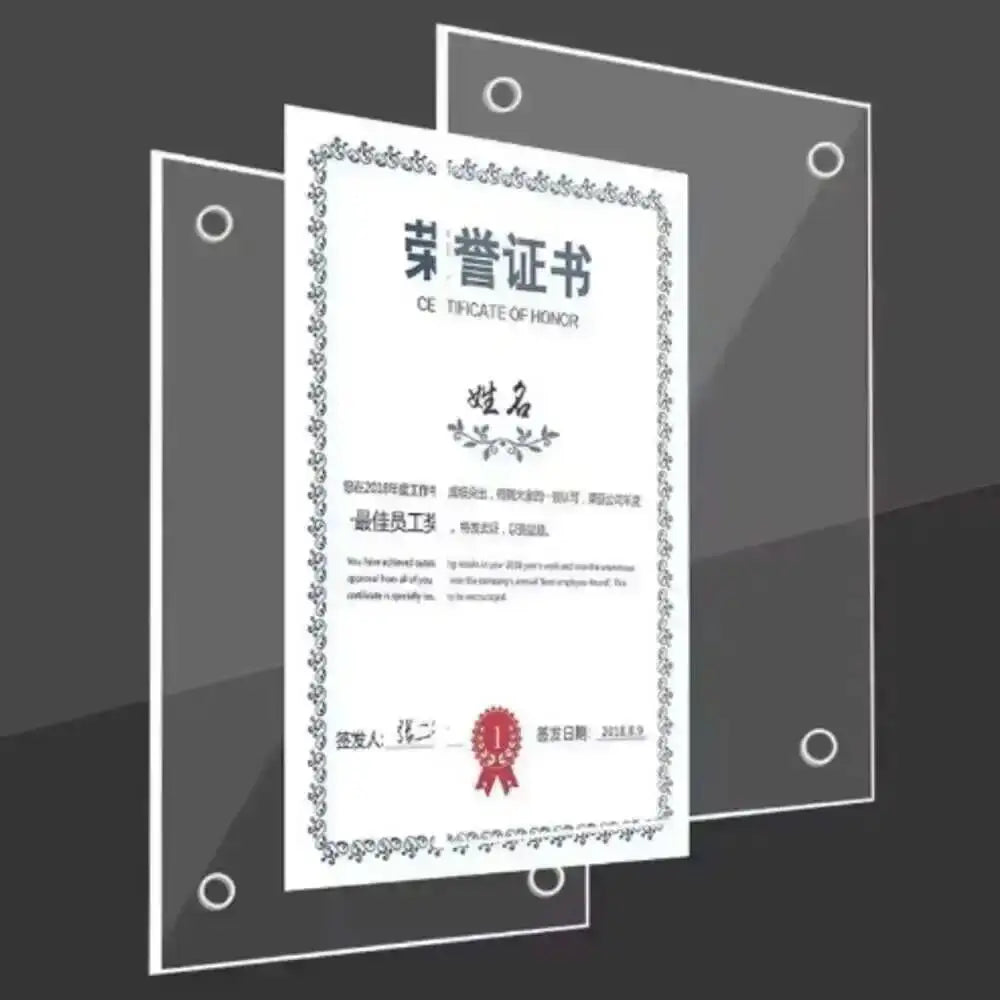 support mural transparent moderne clips certificats A4 acrylique rectangle sans bordure