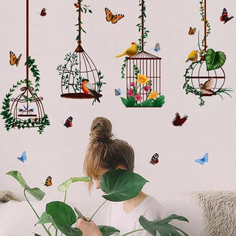 sticker mural oiseaux cage papillons fleurs décoratif adhésif vert jaune rouge bleu
