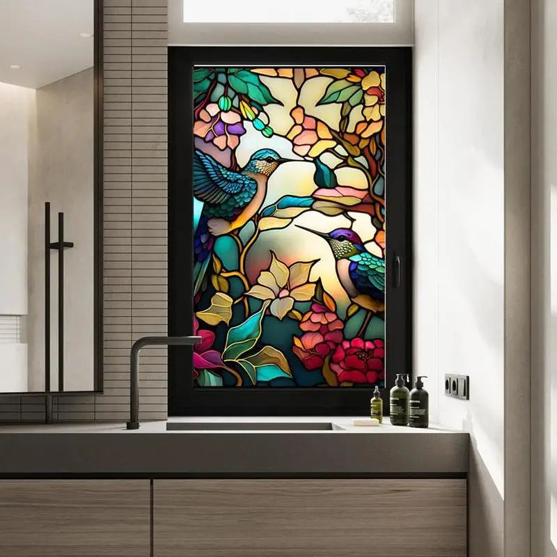décoration fenêtre art deco oiseaux fleurs géométrique adhésif bleu vert jaune orange rose violet