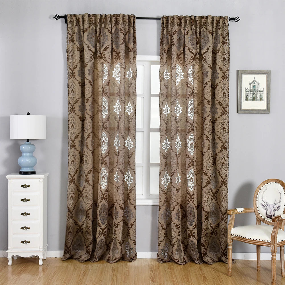 rideau jacquard polyester floral semi opaque classique marron gris clair salon maison