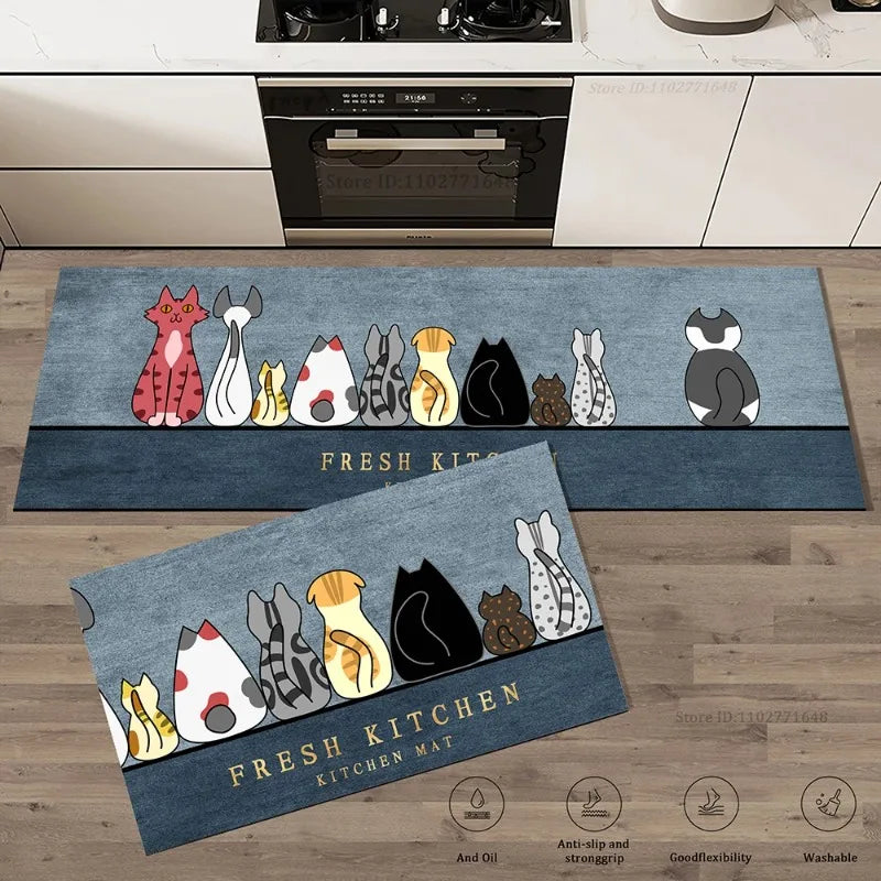 tapis moderne cuisine dessins animés chats bleu gris blanc rose noir Fresh Kitchen Happy