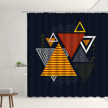 Rideau de douche avec motif de triangles colorés, en plastique résistant à l'eau, idéal pour apporter une touche décorative et moderne à votre salle de bain. Le produit principal est un rideau de haute qualité, offrant une excellente durabilité et une utilisation pratique.