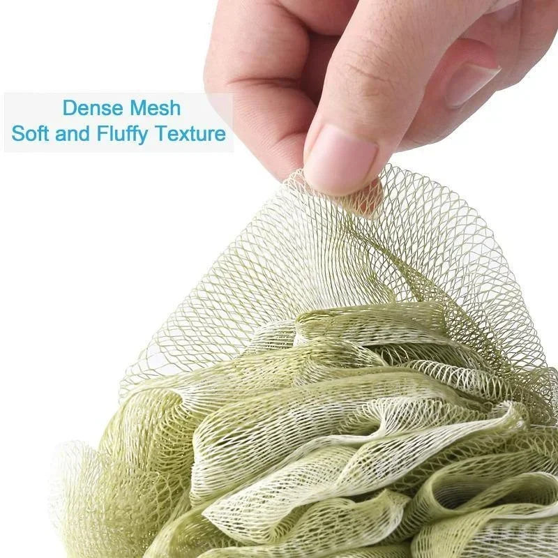boule bain éponge nettoyage douce maille fine fluffy moderne rose clair vert anneaux noirs