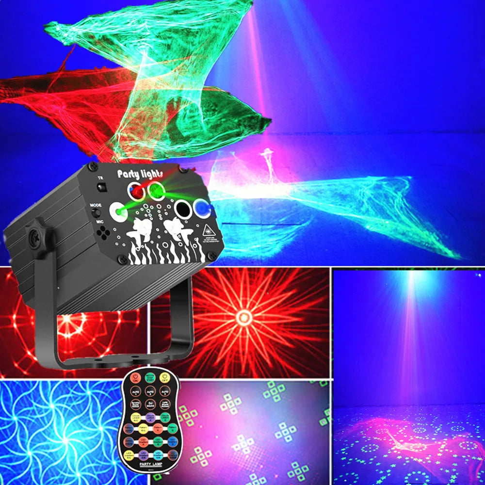 projecteur laser noir imprimé blanc moderne interrupteur modes capteur son ventilateur poignée fixations tringle