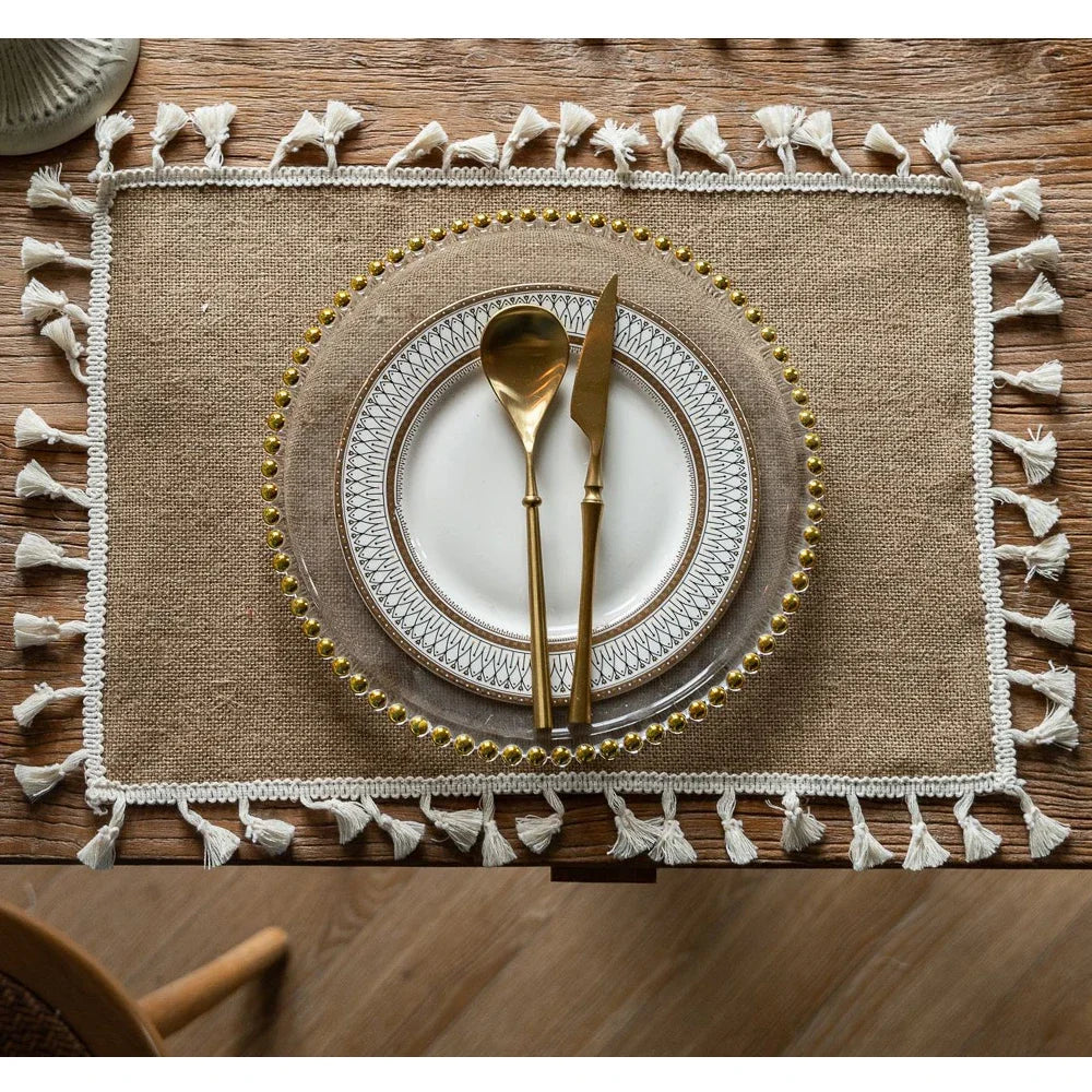 serviettes table beige blanc tissu naturel franges rustique chic noël mariage fêtes anniversaire