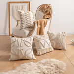 taies d'oreiller géométriques polyester non toxique boho chic fixations beige texturées maison hospitalière