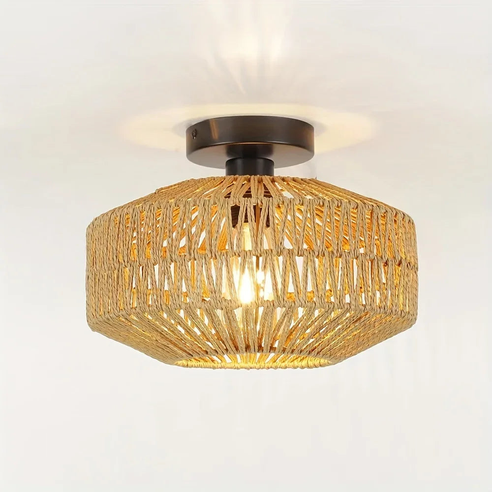 lampe suspendue moderne rustique tissée bambou naturel cadre métallique noir cuisine chambre coucher salle