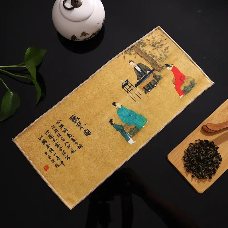 serviettes thé vert bleu beige peinture chinoise motifs floraux art traditionnel zipper cuisine