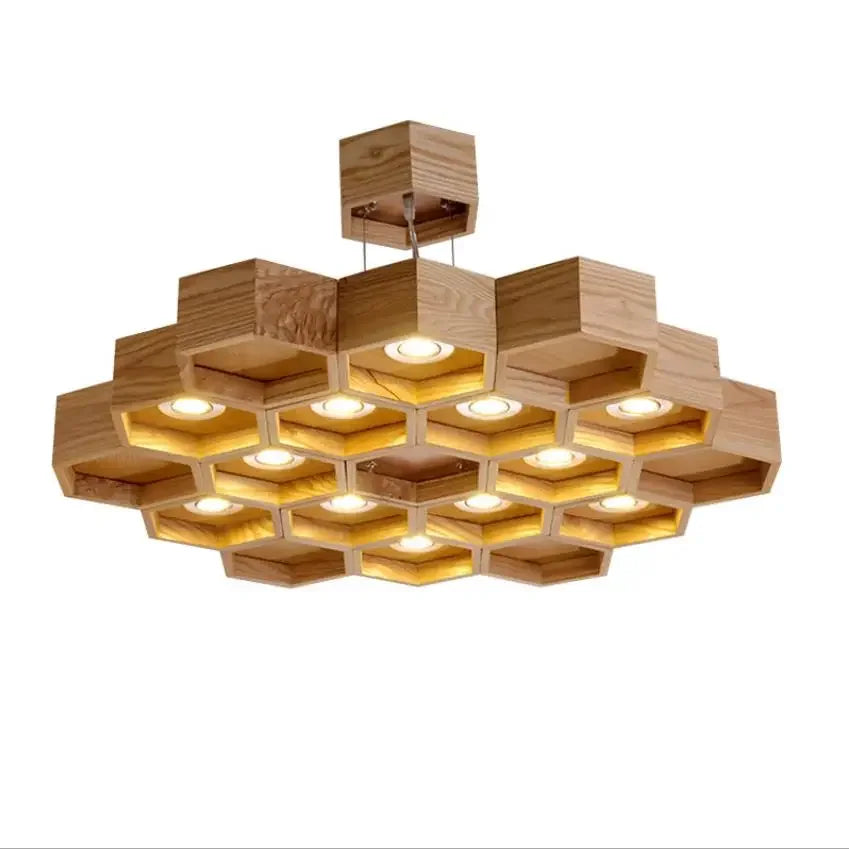 lustre suspendu bois clair hexagonal modernes ampoules led salon chambrehôtel